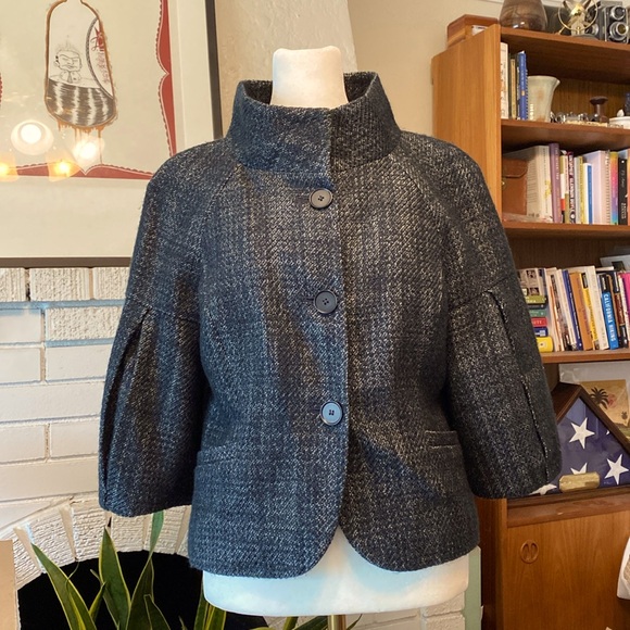 Ann Taylor Jackets & Blazers - Ann Taylor Blue Wool Tweed Jacket 3/4 Balloon Sleeves High Neck Mod Style Sz 6